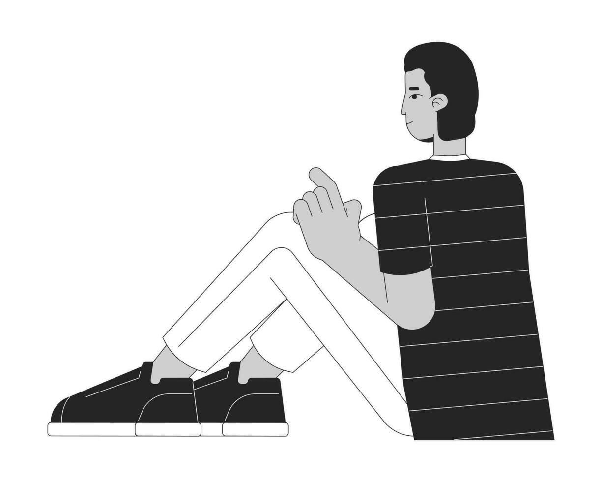 spanisch Kerl Sitzung auf Fußboden schwarz und Weiß 2d Linie Karikatur Charakter. Lateinamerikanisch jung Mann isoliert Vektor Gliederung Person. Hand zeigen, lächelnd aufmerksam monochromatisch eben Stelle Illustration