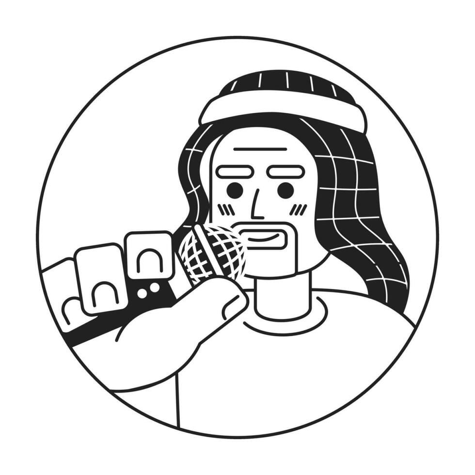 saudi äldre man innehav mic svart och vit 2d vektor avatar illustration. arab man senior sång översikt tecknad serie karaktär ansikte isolerat. konsert artist, högtalare platt användare profil bild