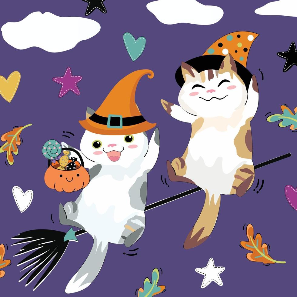 söt ett par katt ha kul på halloween natt vektor