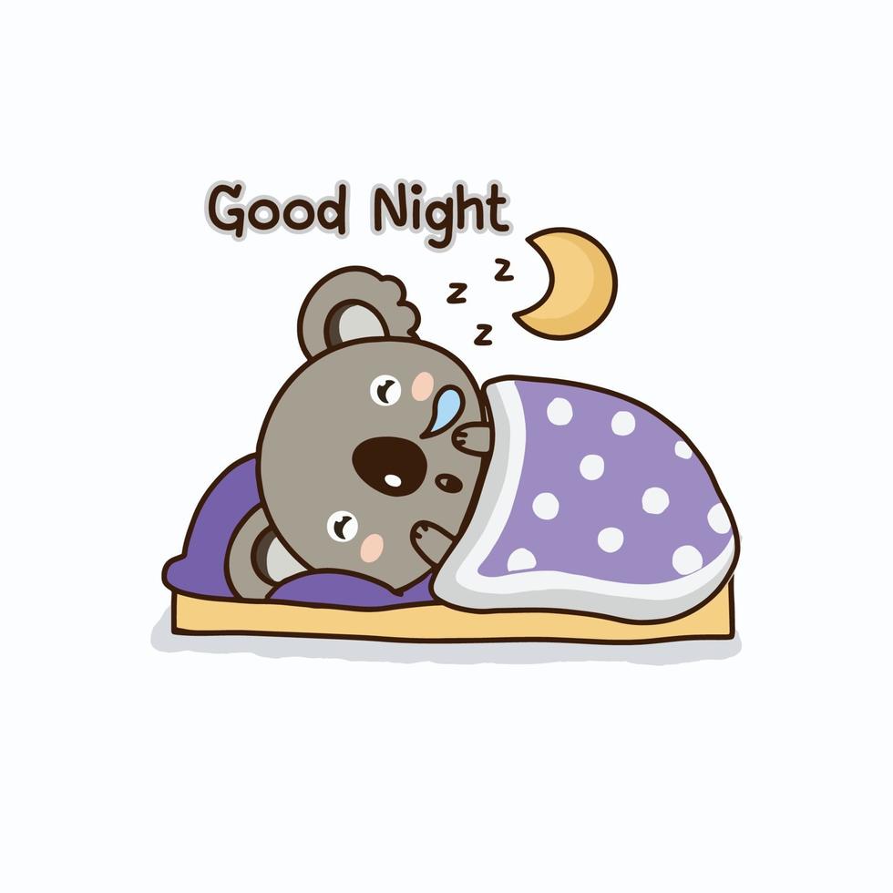 kleiner Koala schläft auf einem Kissen im Bett. süße Zeichentrickfigur. vektor