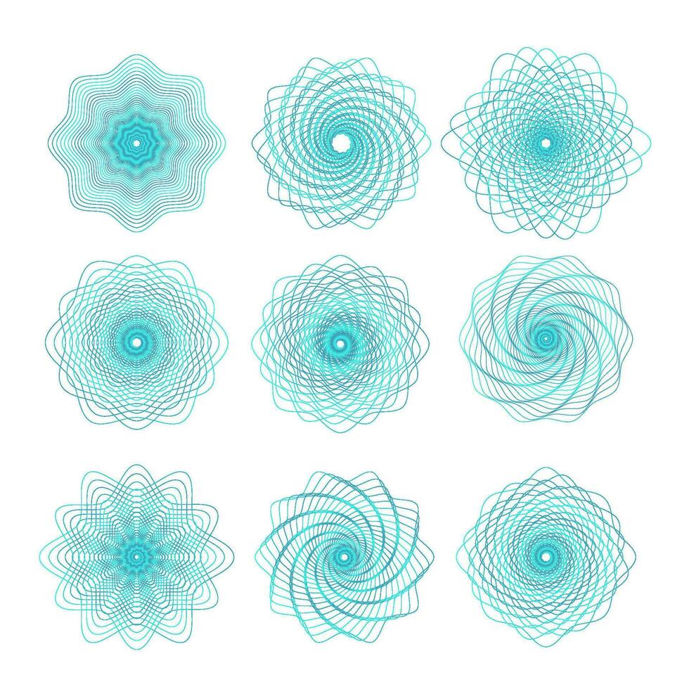 vattenmärke guillocherat rosett element uppsättning. digital vattenmärke för säkerhet papper. linjär vektor illustration. Begagnade som en skyddande lager för certifikat, kupong, sedel, valuta, notera, kolla upp