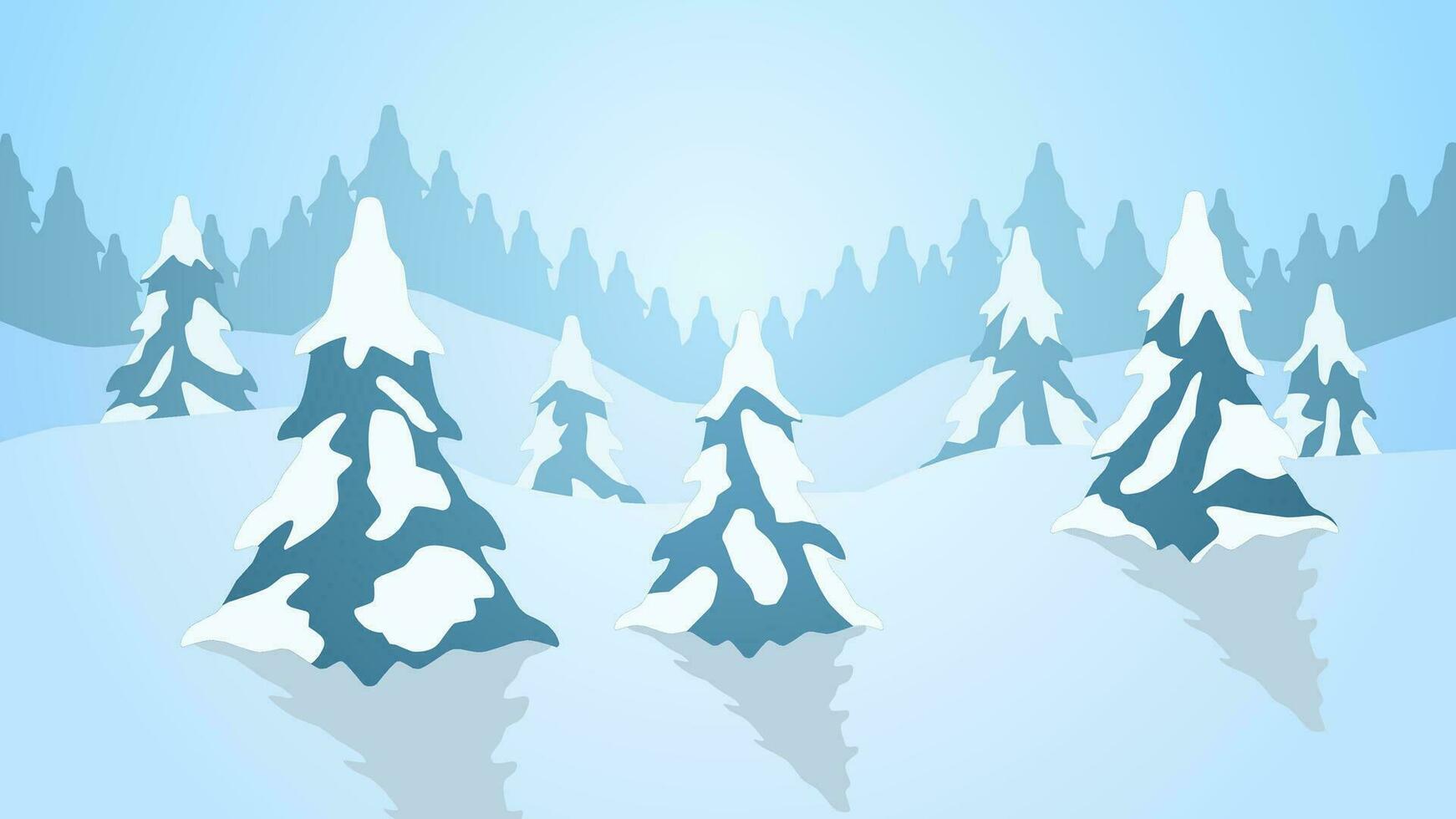 snöig skog landskap vektor illustration. landskap av snö täckt tall skog i vinter- säsong. vinter- skog panorama för illustration, bakgrund eller tapet