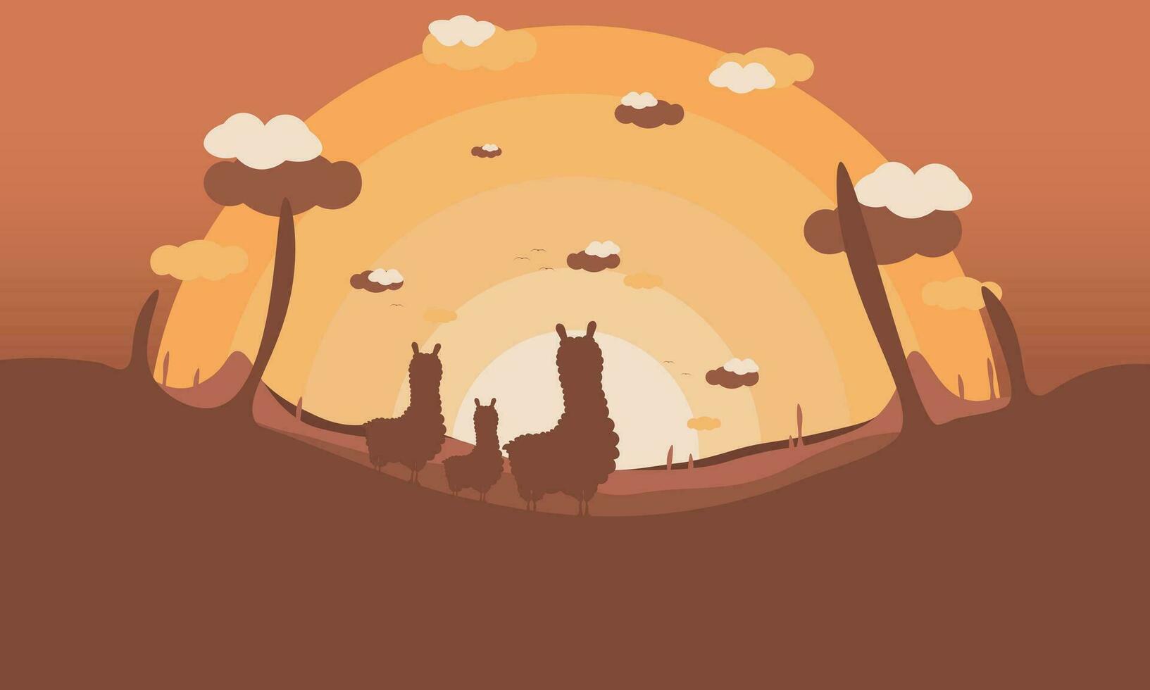 Alpakas oder Lama Silhouette im Afrika Hintergrund Vektor Hintergrund, Landschaft Illustration ,Welt Alpaka Tag