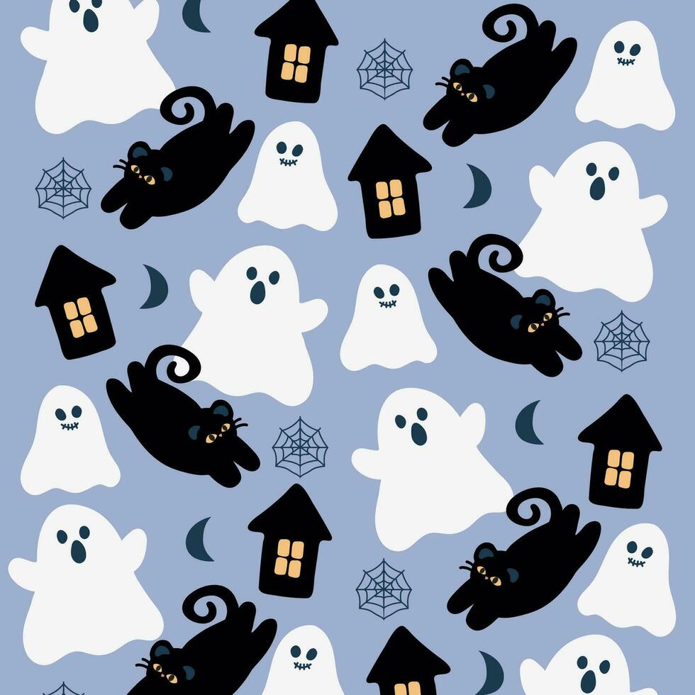 nahtlos Muster mit Katzen und Geister. nahtlos Muster mit süß Geister im süß Karikatur Gekritzel Stil auf ein Blau Hintergrund. Vektor Illustration Hintergrund zum Halloween.