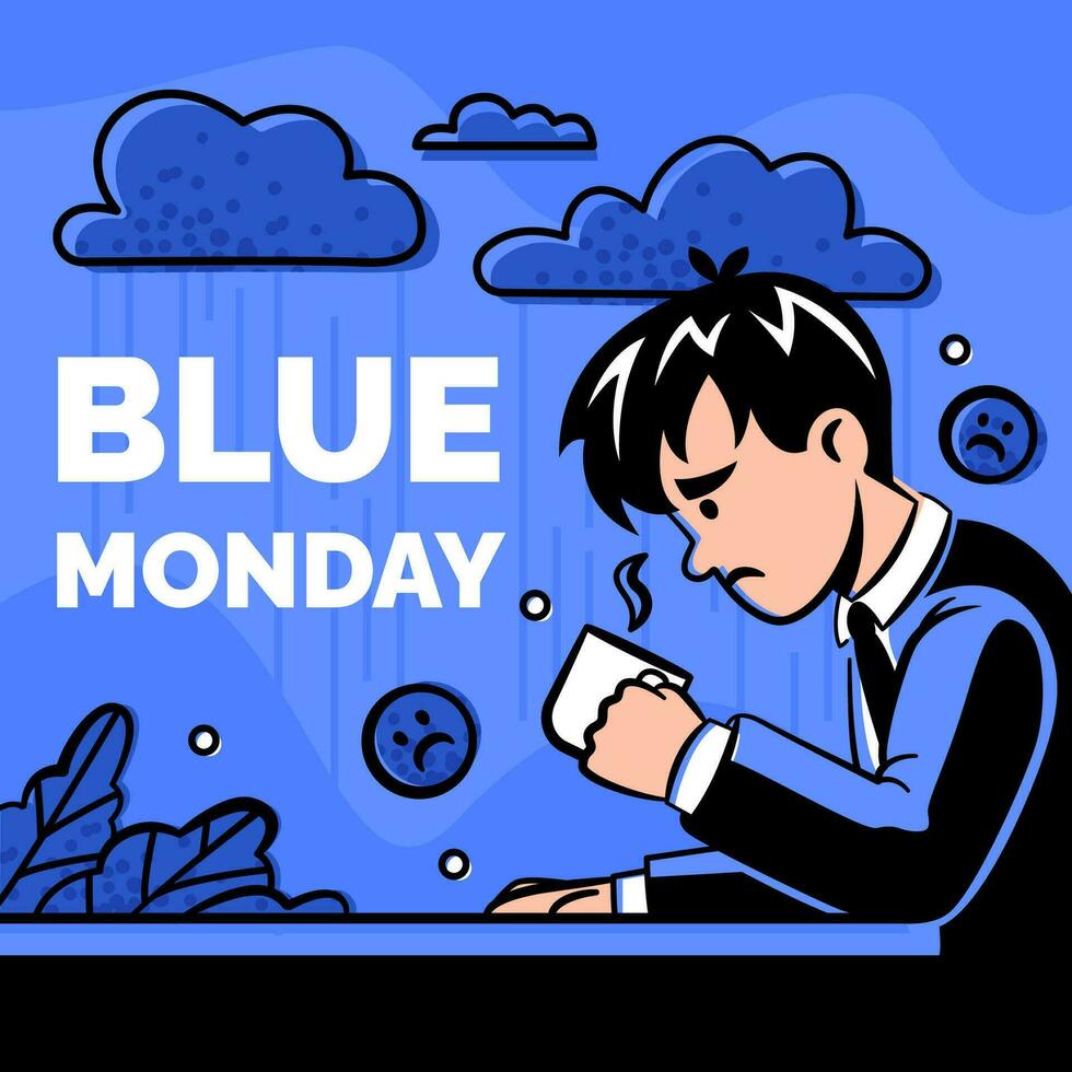 Blau Montag Illustration mit ein verärgert Büro Mitarbeiter Trinken Kaffee beim das Tisch. vektor