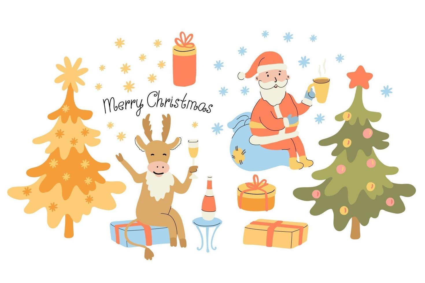 Set mit Weihnachtsbäumen, Geschenkboxen, Weihnachtsmann und Rentier vektor