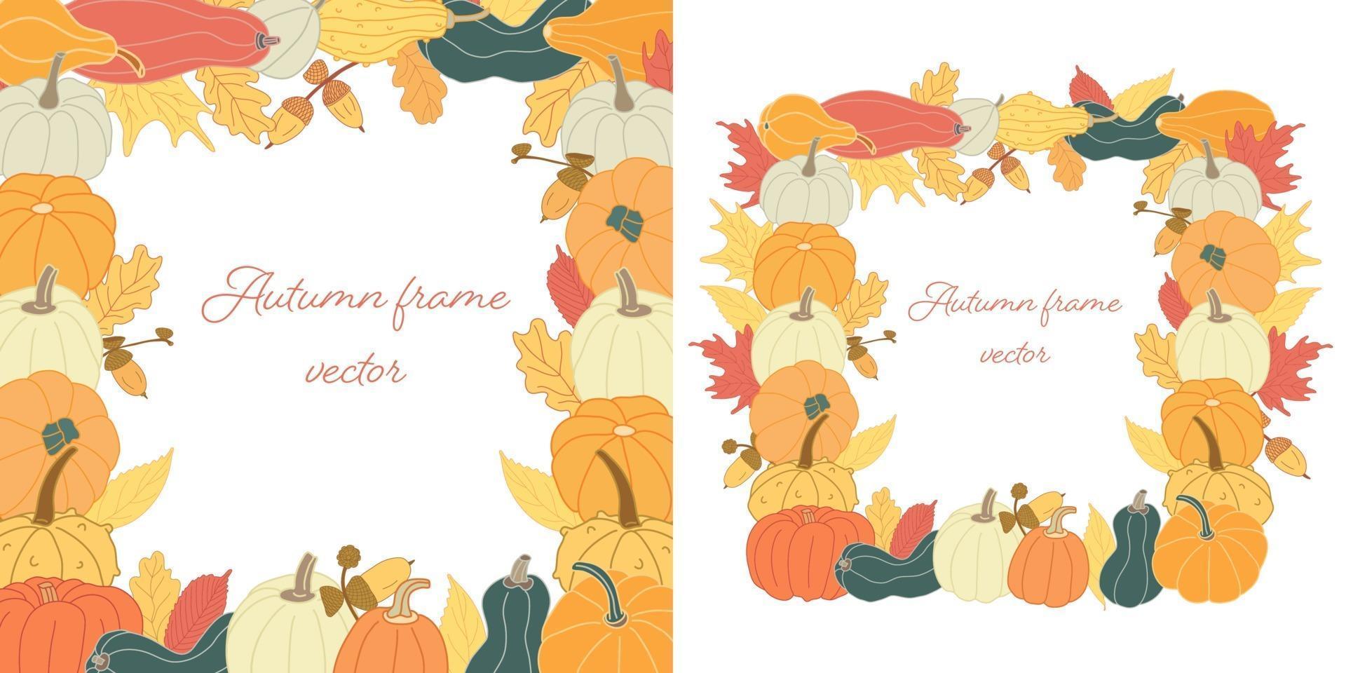 Herbst quadratische Rahmen mit Kürbissen, Eicheln und bunten Blättern. vektor