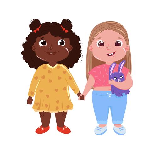 Två små söta tjejvänner. Internationell vänskap. Vektor tecknad illustration för hälsningskort och affisch och tryck och hemsida