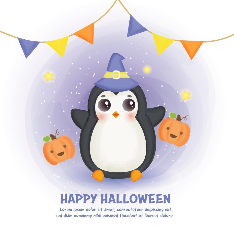 Happy Halloween-Karte mit süßem Pinguin im Aquarellstil. vektor