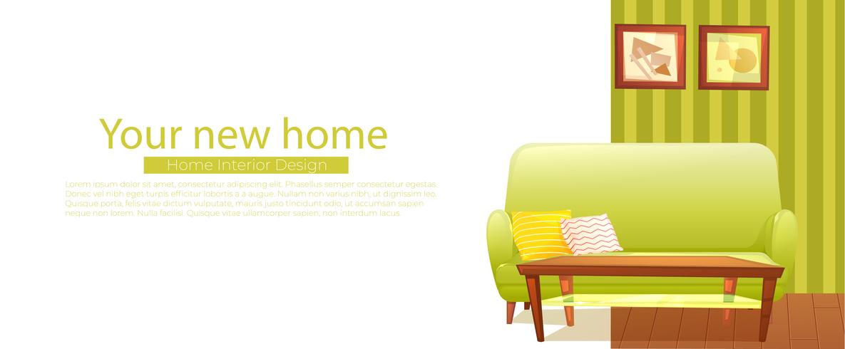Din nya hemsida. Retro soffa och soffbord. Vektor tecknad illustration
