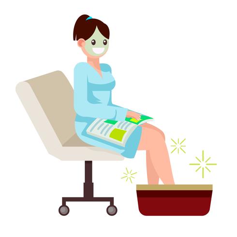 Kvinna i spa salong, sitter med en tidning. Fotmassagerare. Vektor platt illustration