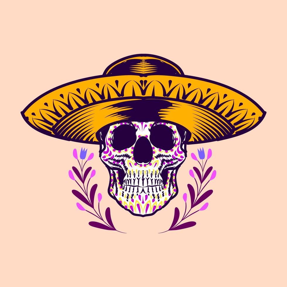 dekorativer Schädelkopf mexikanischer Hut Tag der Toten Mexiko Illustration vektor
