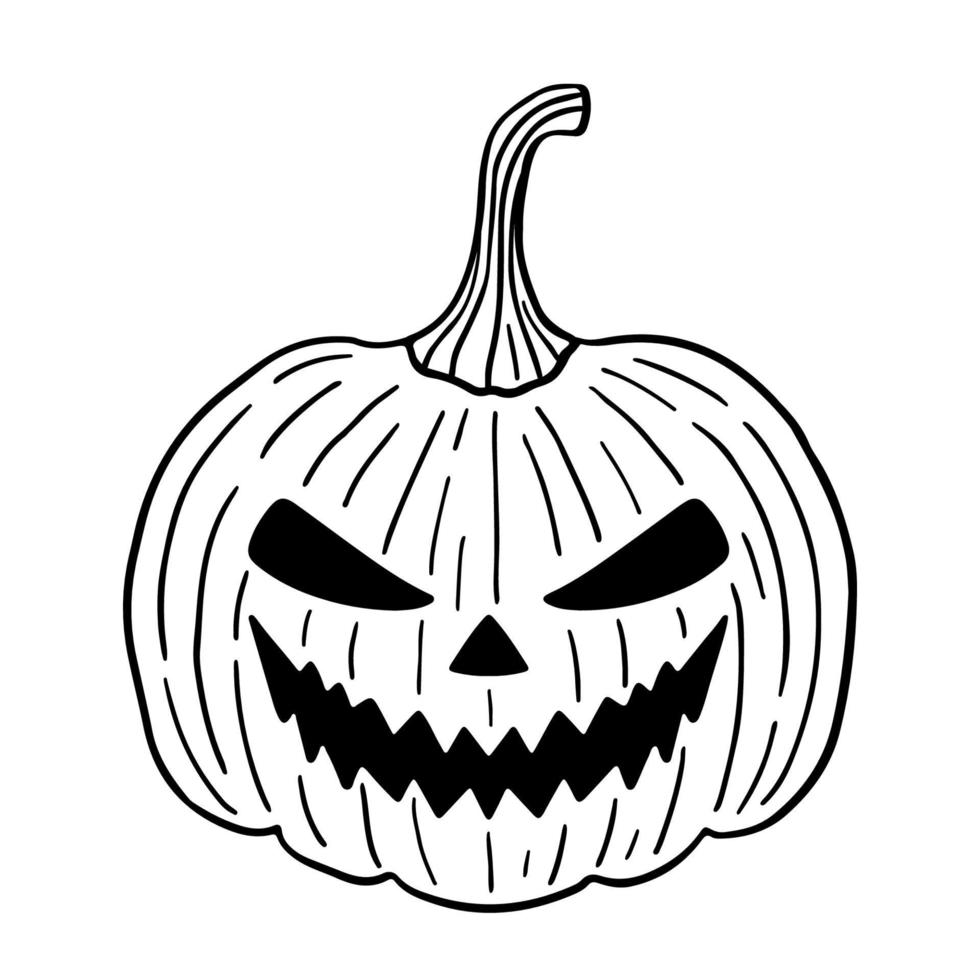 gruseliger Halloween-Kürbis isoliert auf weißem Hintergrund im Doodle-Stil vektor