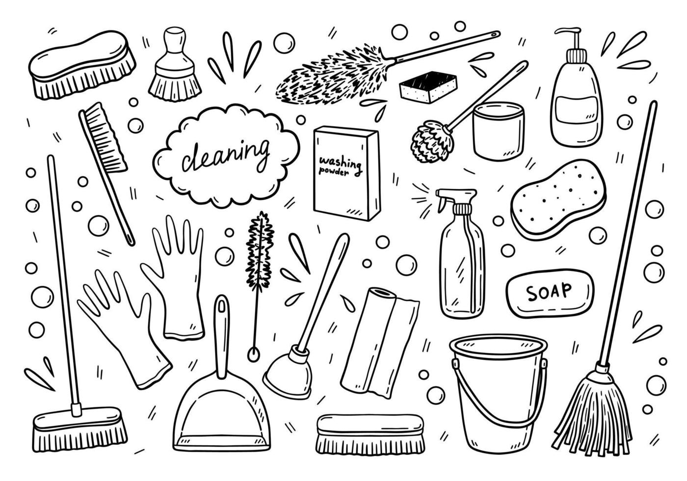 doodle uppsättning olika föremål för rengöring vektor