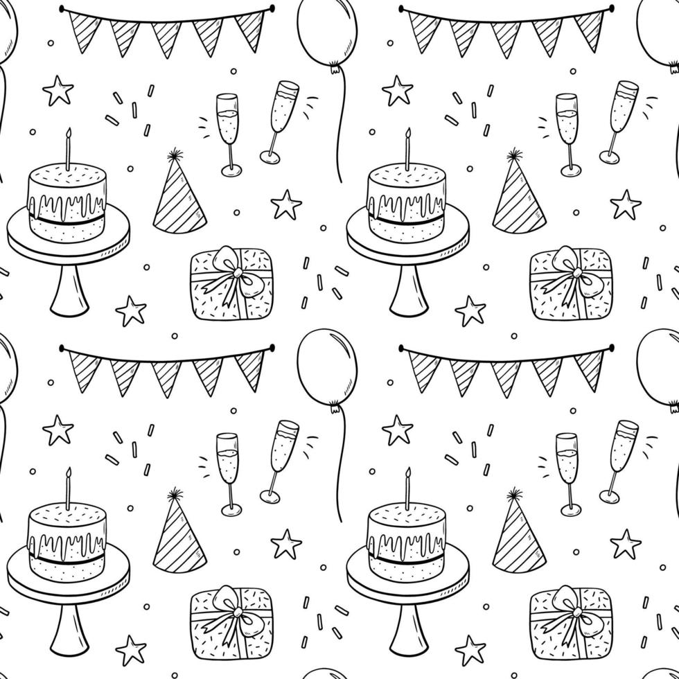 nahtloses Muster mit festlichen Kuchen, Partyhüten, Geschenken, Champagner vektor