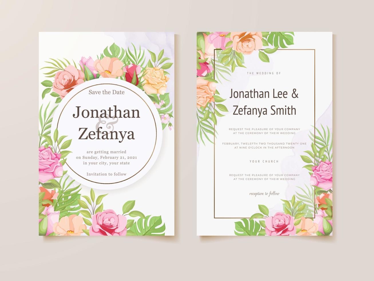 bröllopsinbjudningskort med blommig vektor malldesign