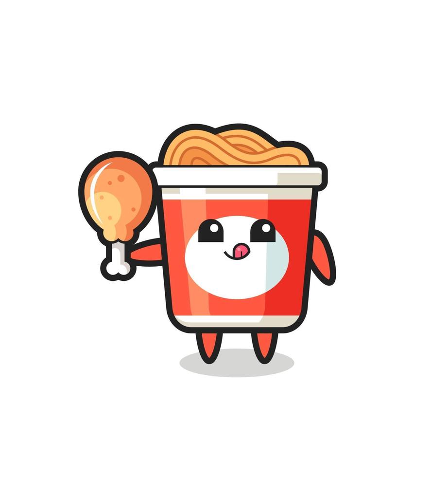 instant noodle cute maskot äter en stekt kyckling vektor