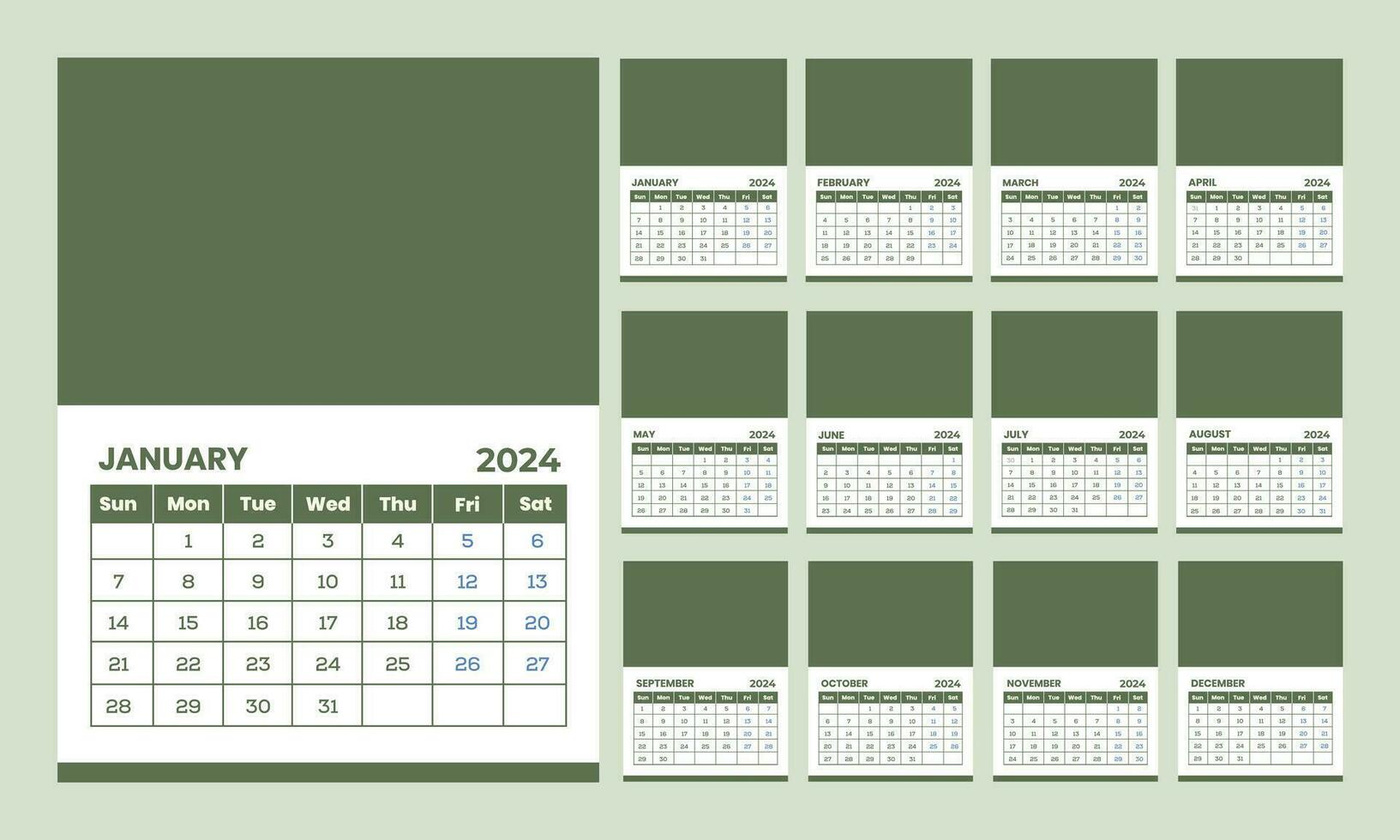 Mauer Kalender 2024, monatlich Kalender Vorlage, einer Seite Mauer Kalender 2024, Neu Jahr Mauer Kalender Vorlage, 12 Monat Mauer Kalender vektor