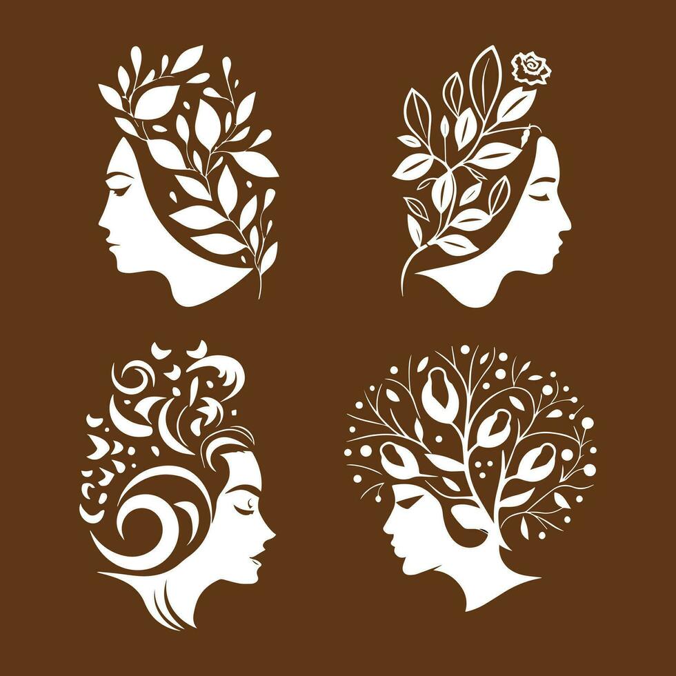 fyra kvinnors huvuden med löv och blommor, skönhet flicka kvinnor logotyp design samling med blad tycka om heer vektor