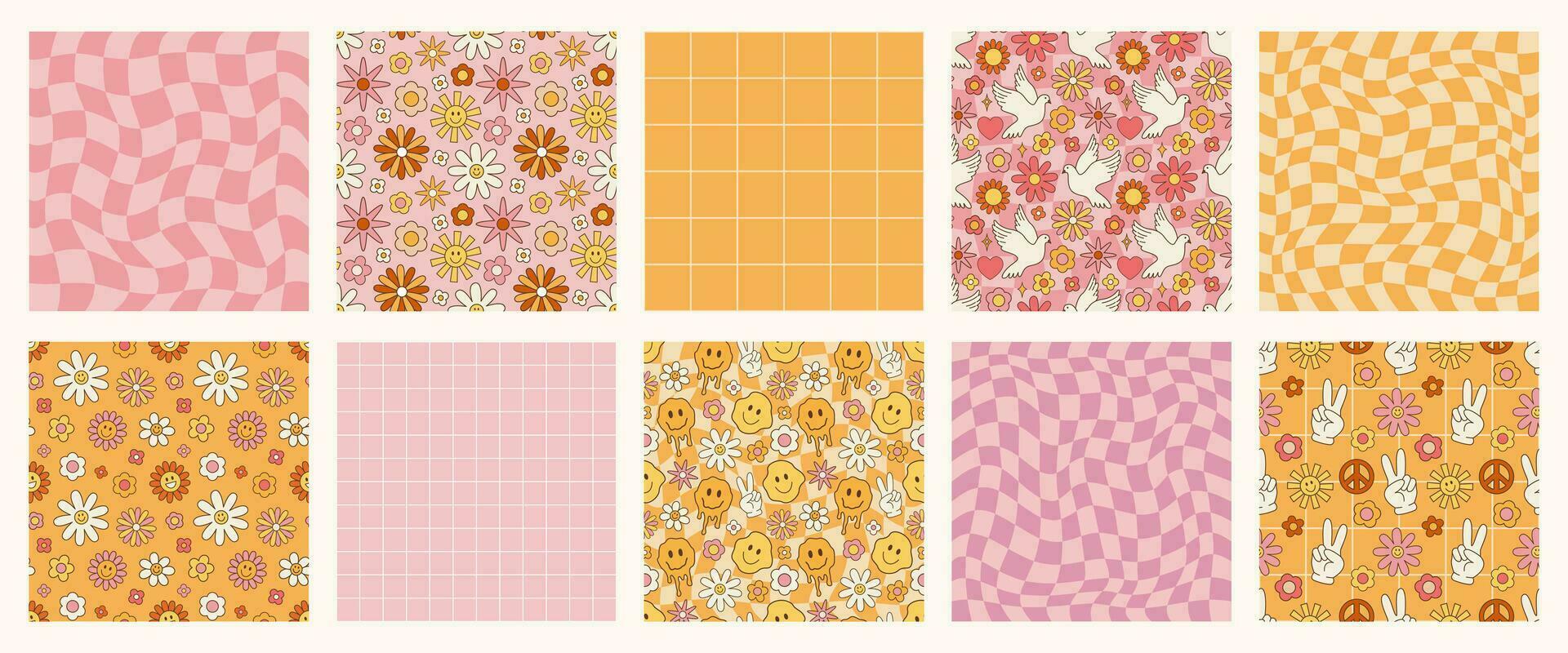 retro psychedelic uppsättning 60s 70s vektor sömlös mönster, häftig hippie stil bakgrund. tecknad serie skriva ut med blommor, checkerboard