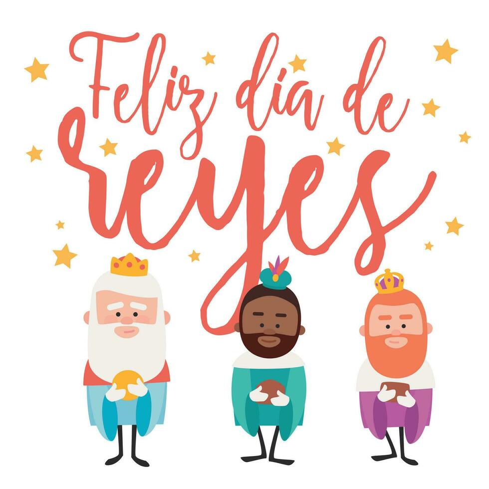 Lycklig uppenbarelse skriven i spanska. tre rolig klok män. kungar av orient på vit bakgrund. vektor