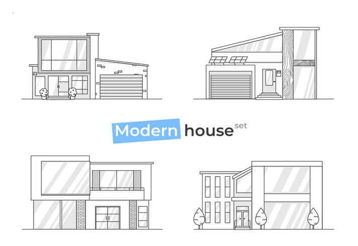 Moderna snygga hus i radikonst ikoner. Designkoncept hemma med tegelstenar och trä och kakel. Vektor platt illustration