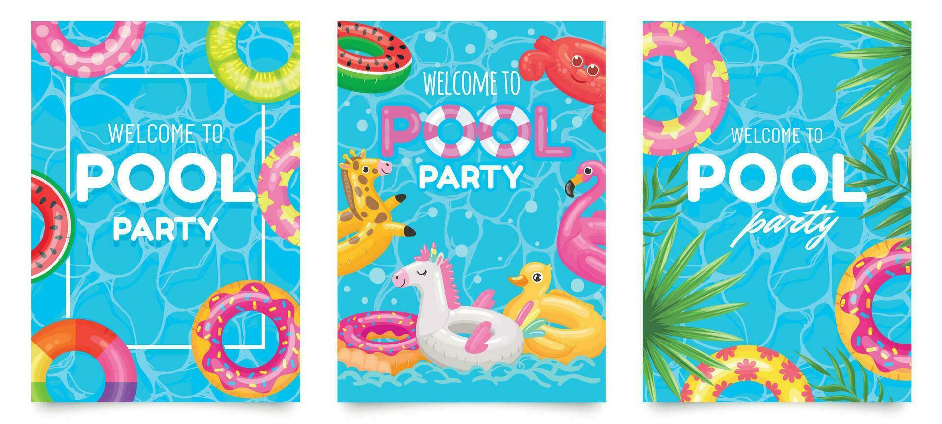 Schwimmbad Party Poster. herzlich willkommen zu Schwimmbad Party Flyer mit Schwimmen Schwimmbad, schwebend Ringe und tropisch Blätter Vektor einstellen