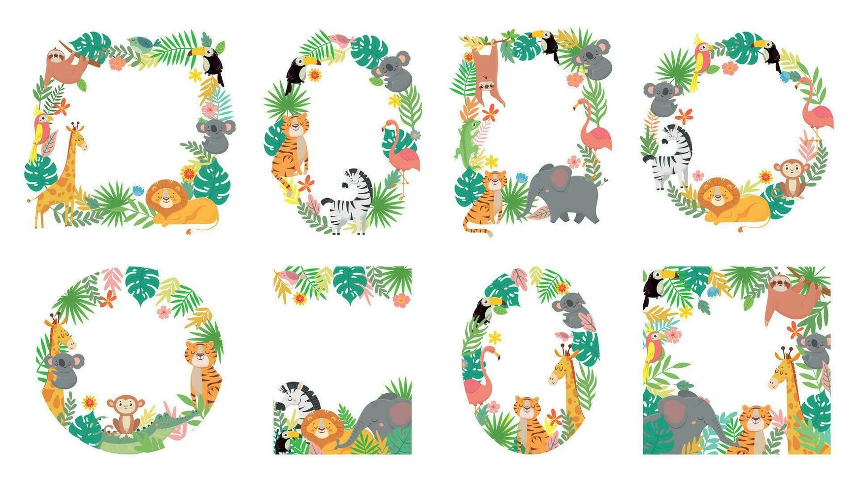 tecknad serie djur ram. djungel djur- i tropisk löv, söt ramar med tiger, lejon, giraff och elefant vektor illustration uppsättning