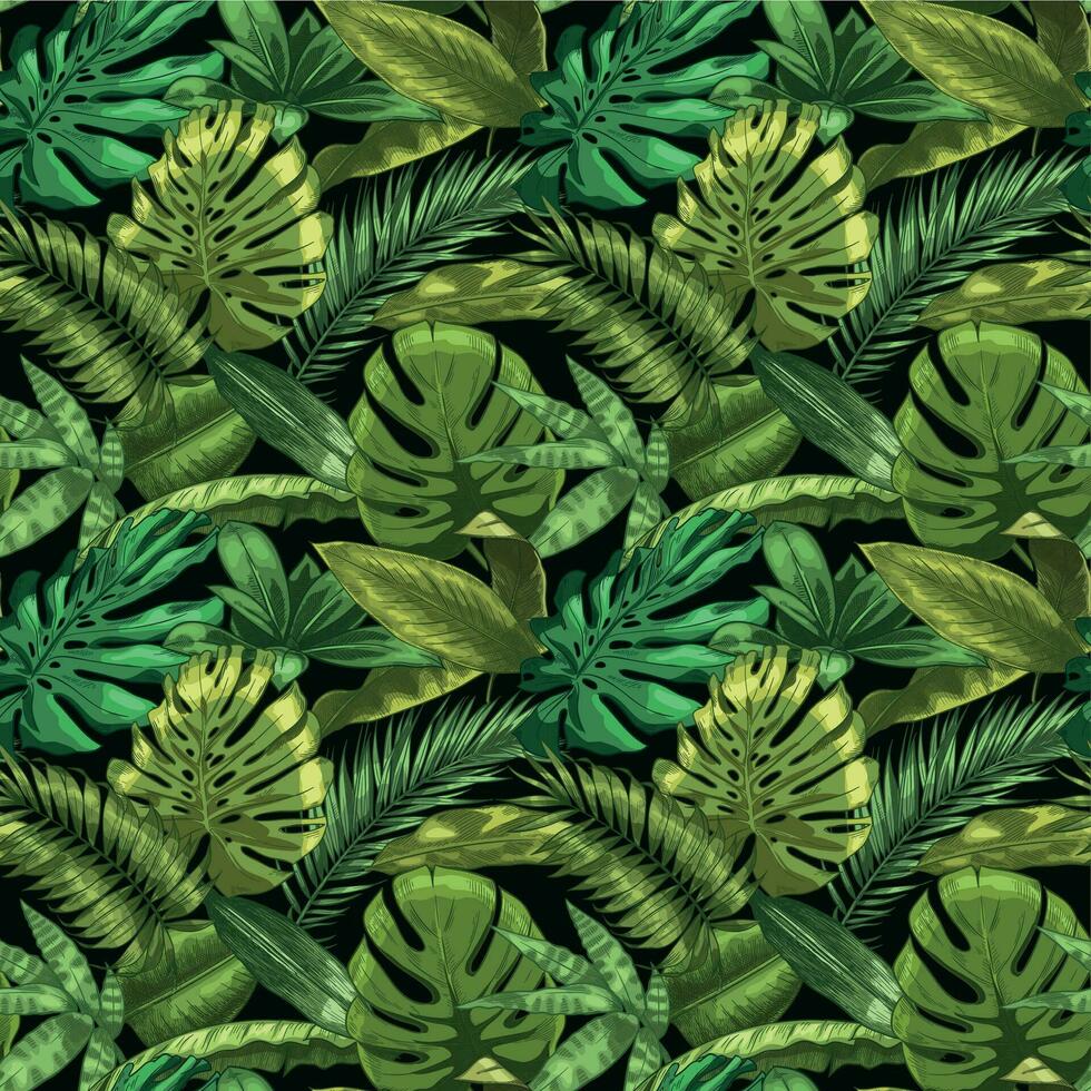 Grün tropisch Blätter nahtlos Muster. Farbe Monstera und tropisch Palme Blätter, botanisch Garten Blumen- Vektor Illustration