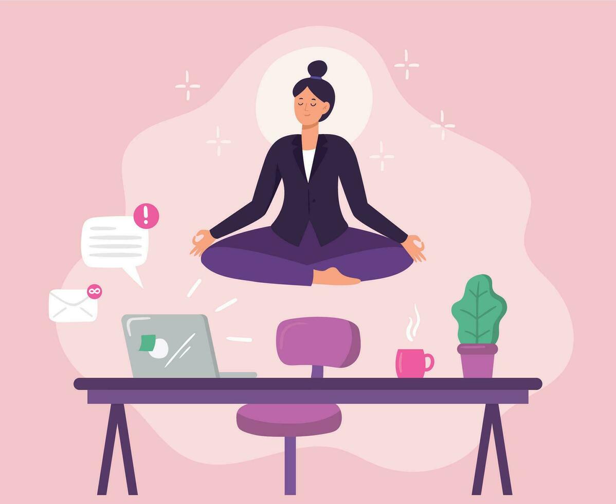 Geschäft Frau Arbeiter Meditation Yoga. Vektor Illustration