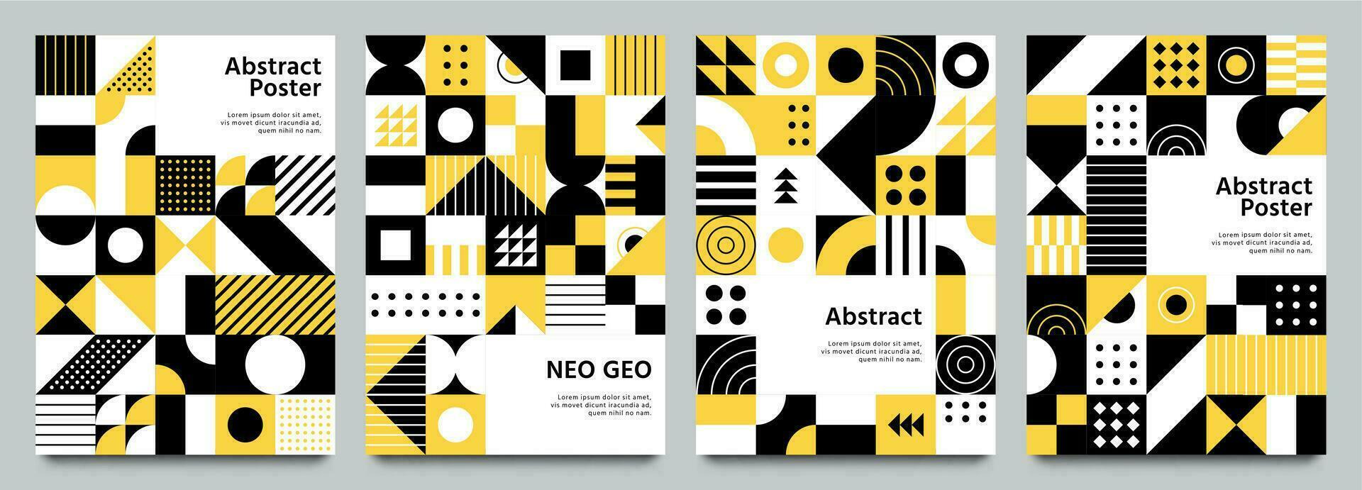Neo geometrisch Plakate. modern Gitter Muster mit geometrisch Formen. abstrakt Gelb, Weiß und schwarz Hintergründe Vektor einstellen