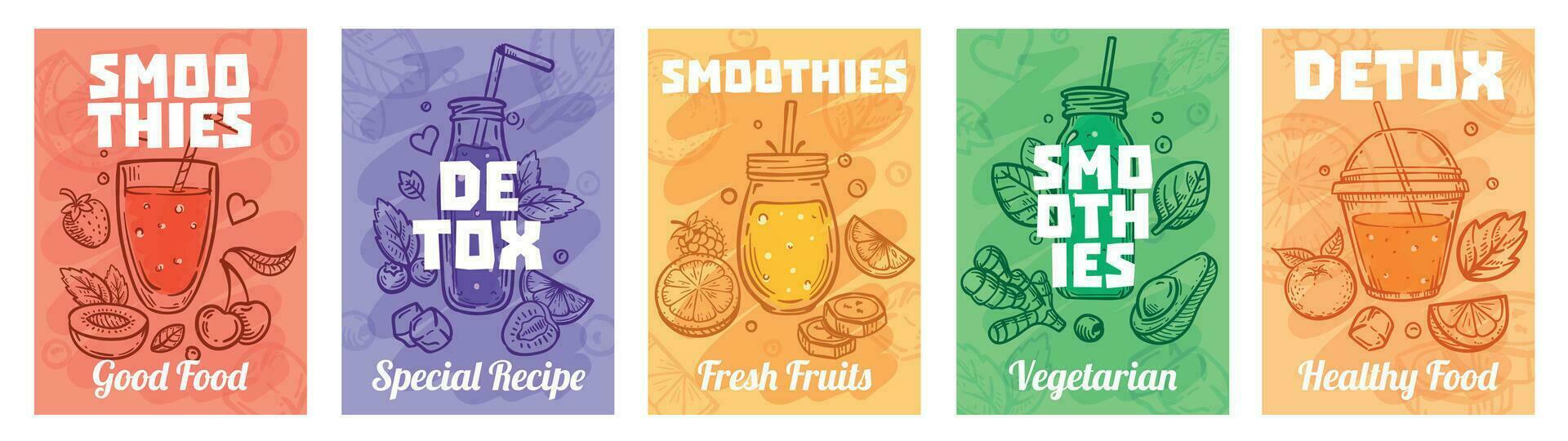 detox smoothie affisch. Bra mat smoothies, juicer för friska livsstil och färgrik färsk juicer vektor illustration uppsättning