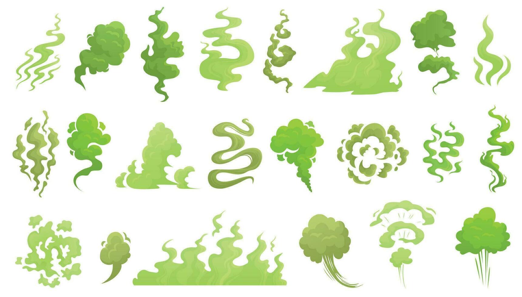 lukta rök. dålig lukt moln, grön stank arom och illaluktande rök tecknad serie vektor illustrartion uppsättning