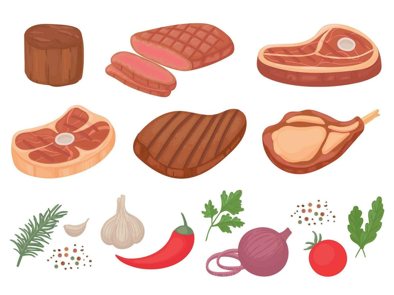 tecknad serie nötkött biffar. grillad biff, nötkött kött och filet mignon. peppar och kryddor, vitlök, lök och tomater vektor illustration uppsättning