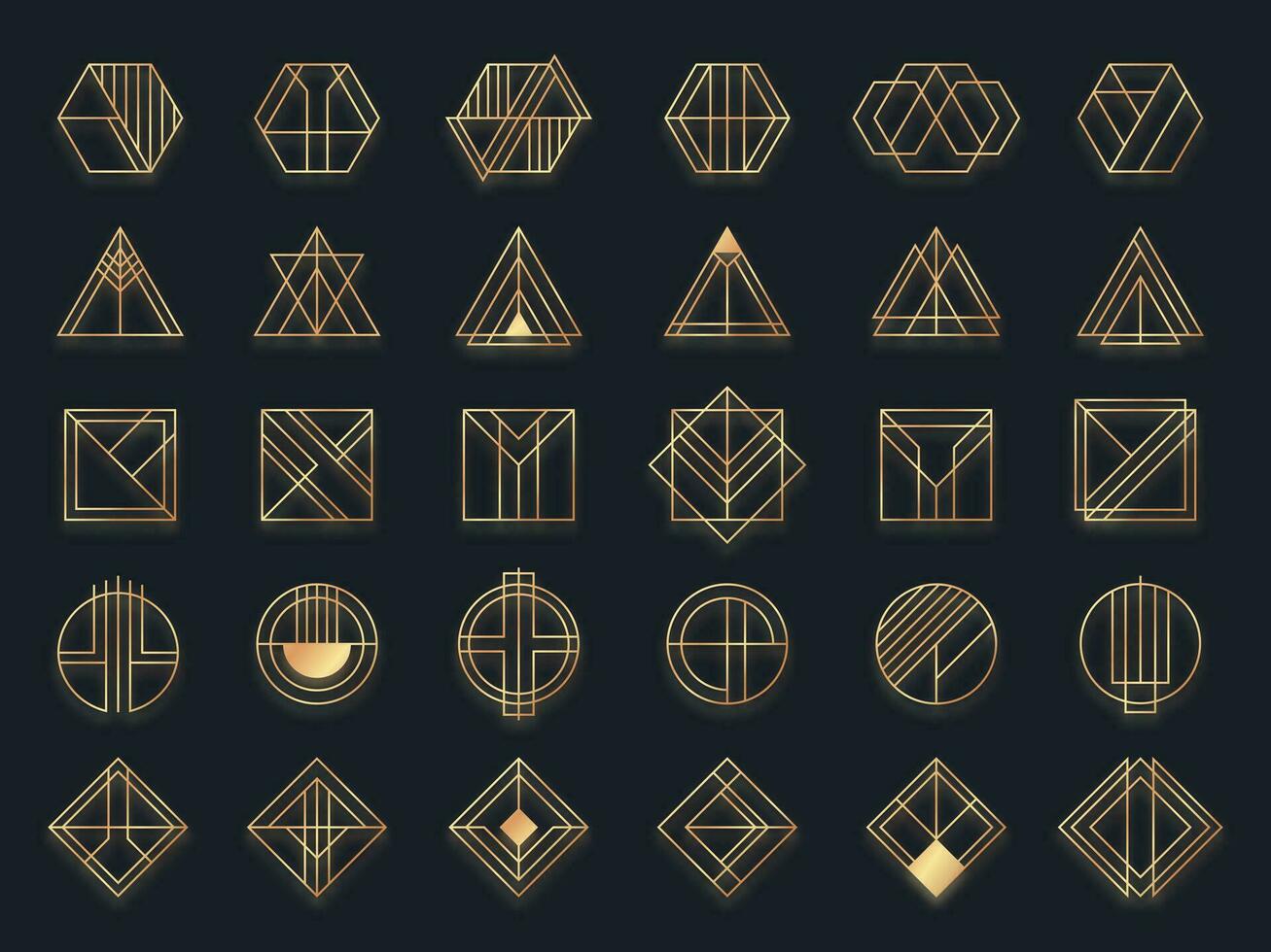 konst deco geometrisk former. gyllene geometrisk konst form, guld cirkel symbol och abstrakt triangel. kreativ rader fyrkant och elegant geometri romb vektor uppsättning
