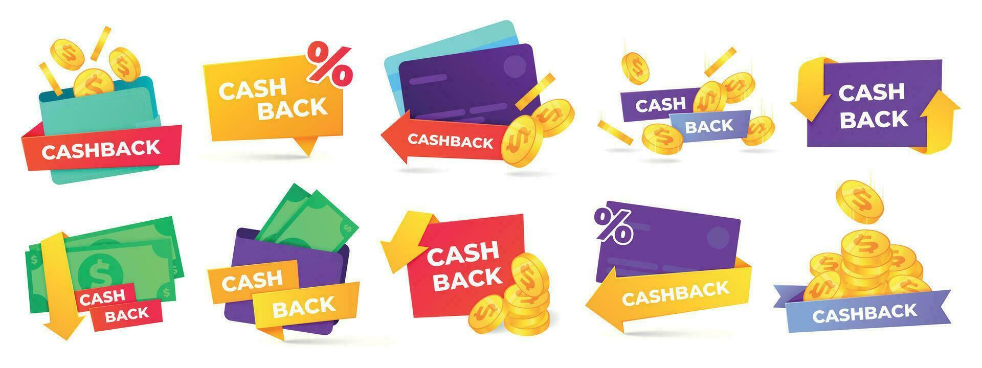 Cashback Etikett. Geld Rückerstattung Abzeichen, Kasse zurück Deal und Rückkehr Münzen von Einkäufe Vektor Etiketten einstellen