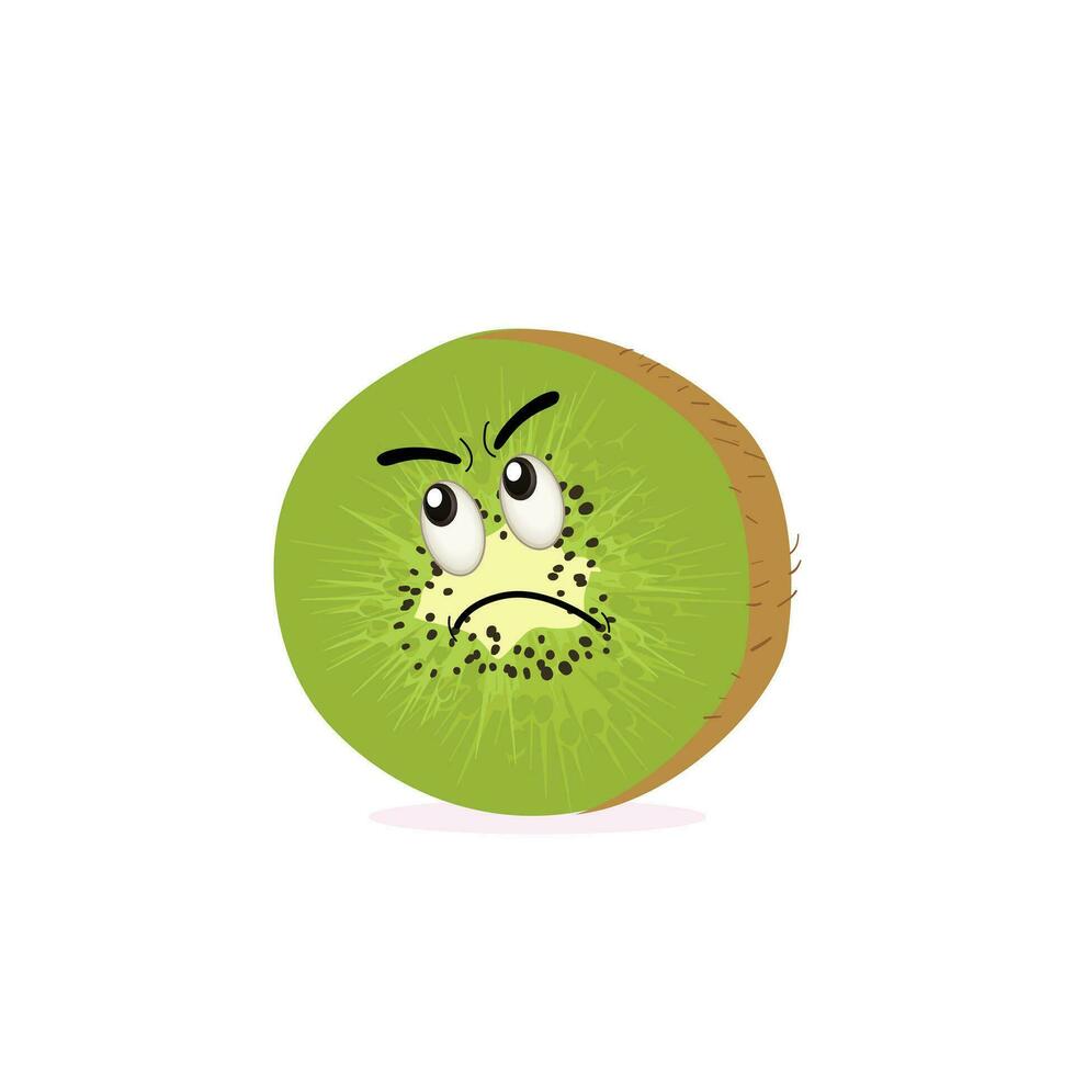 kiwi frukt tecknad serie karaktär med grönaktig brun suddig hud och pekande hand gest, för lantbruk eller färsk mat design. kiwi frukt vektor tecken, tecknad serie söt kiwi frukt tecknad serie uttryckssymboler.