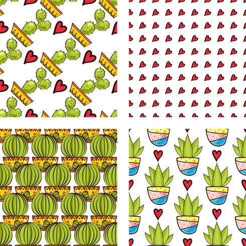 Ställ sömlösa mönster av kaktusar och succulenter i krukor. vektor