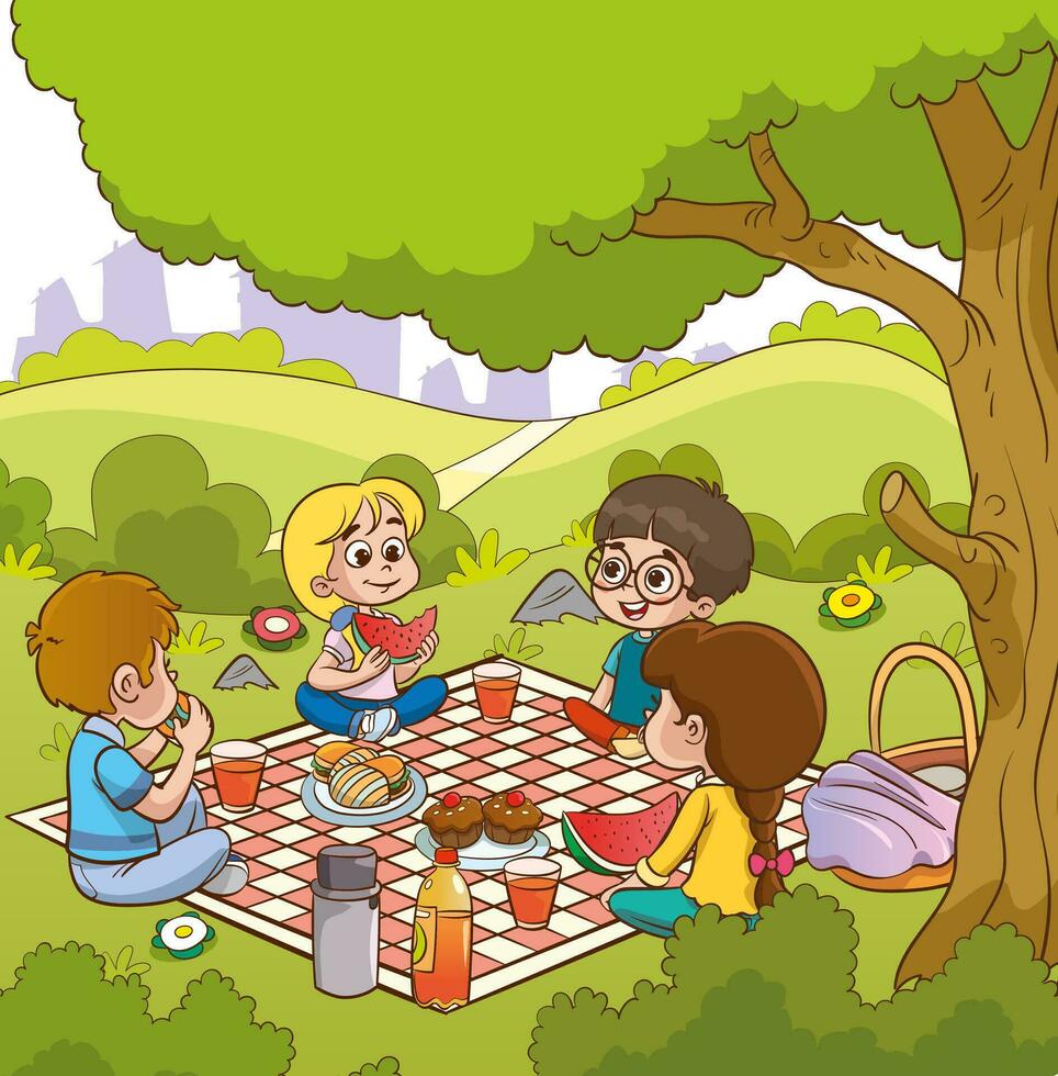 Picknick beim das See. Vektor Illustration von ein Gruppe von Kinder haben ein Picknick im das Park.