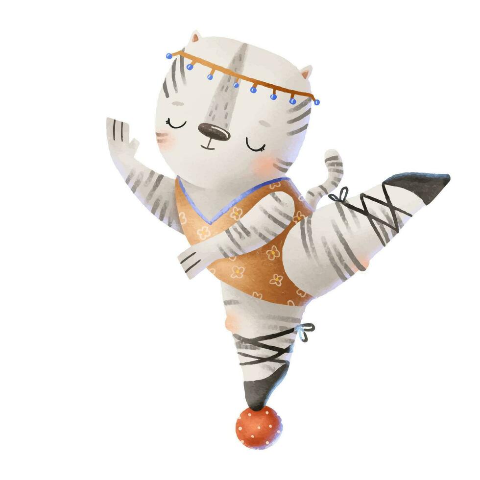 en svart och vit zebra i en gymnastiska orange trikåer och en pannband och pointe skor står på en gymnastiska boll på ett ben. balett show, cirkus mängd prestanda. söt barnslig hand vektor