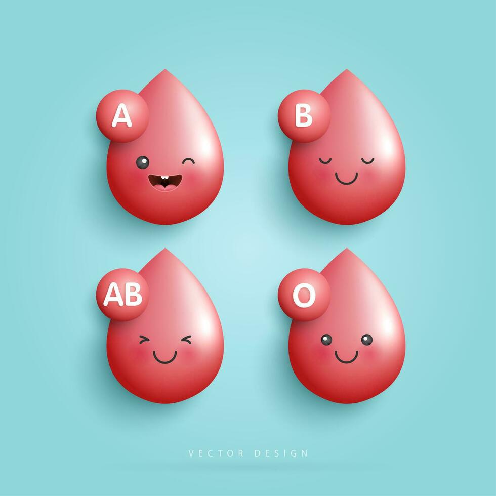 Blut mit Gruppe Tröpfchen. Blut Typ. süß glücklich gesund lächelnd Blut fallen Charakter zum medizinisch Apps, Websites und Krankenhaus. Vektor Design.
