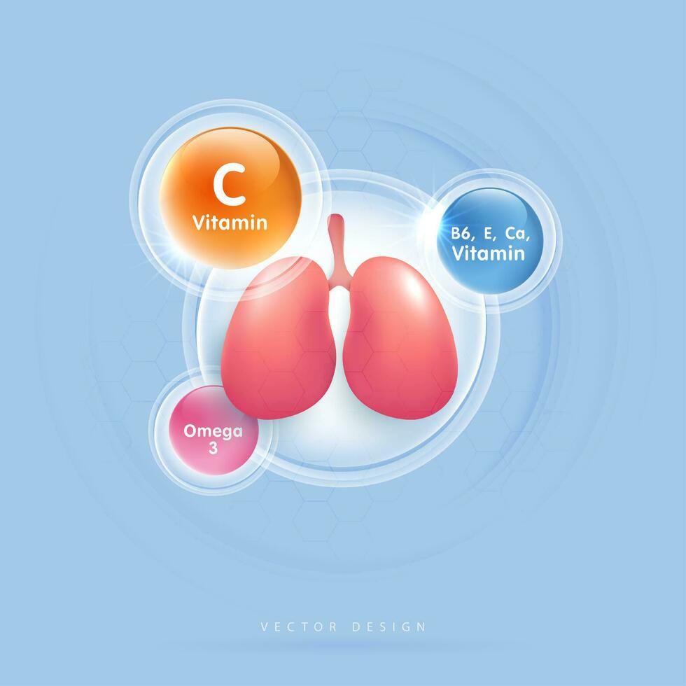 Lunge und Vitamine zum gesund Lunge. Vitamin C, e, b6, ca. und Omega 3. medizinisch Essen Ergänzung Konzepte. Gesundheit Pflege medizinisch. Vektor Design.