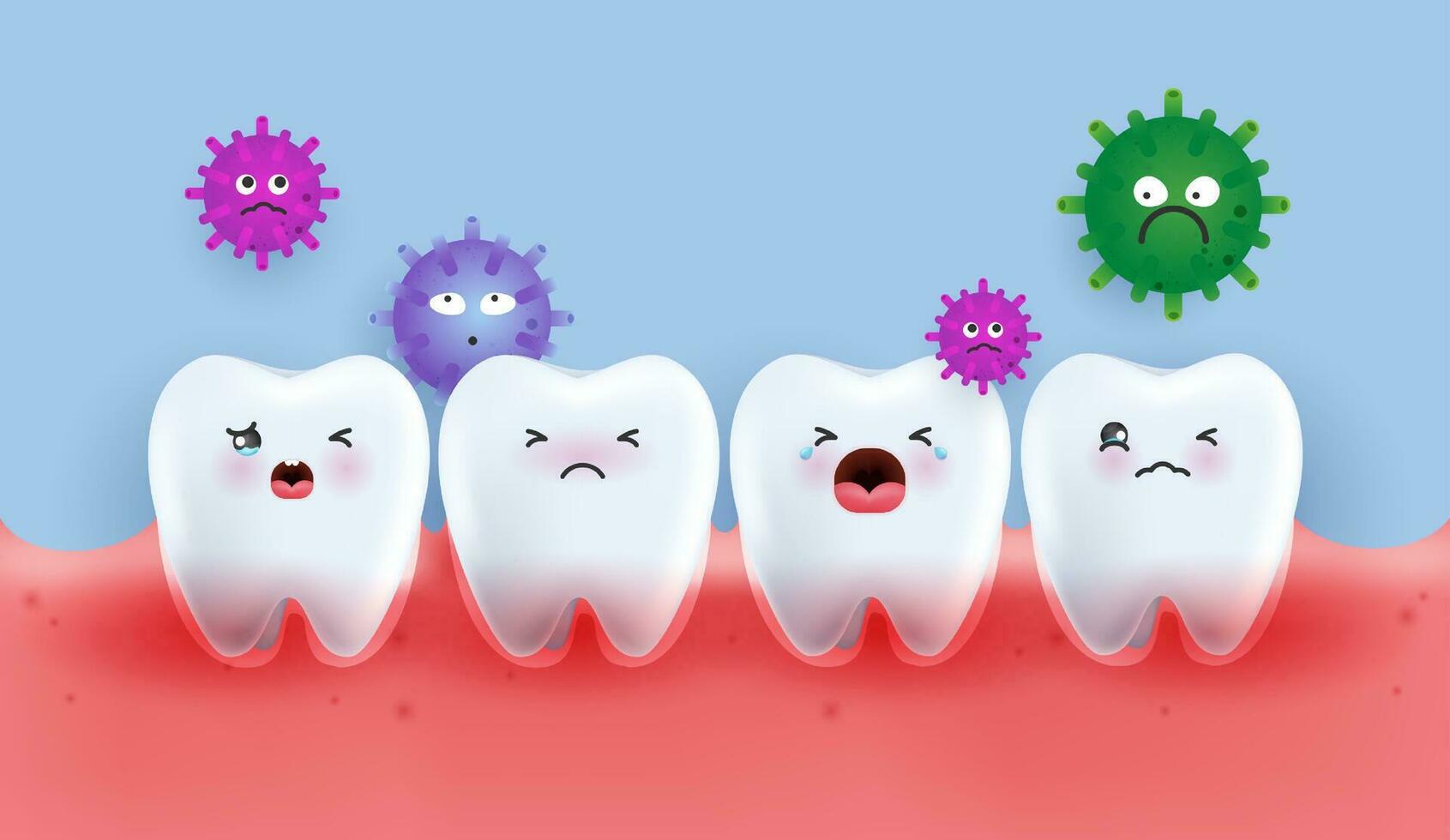 uppsättning av tand karaktär rop eftersom av bakterier. tand lämplig för barn dental klinik. tand karaktär för ungar. söt tandläkare maskot för medicinsk appar, webbplatser och sjukhus. vektor design.