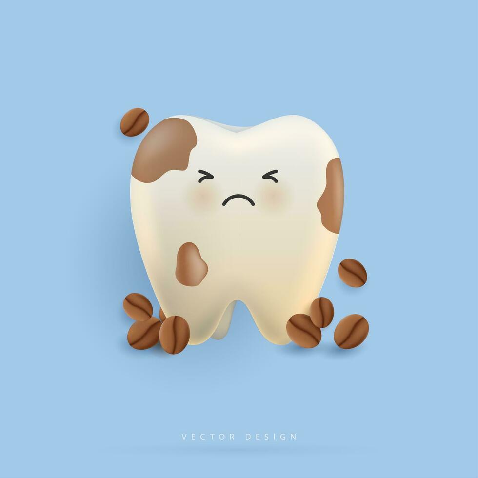 ungesund Zahn mit Kaffee Flecken. Kaffee macht Ihre Zähne Gelb. Zahn zum Kinder. Dental und Zahnheilkunde Konzept zum Kinder Krankenhaus. gesund Zahn Charakter. süß sauber Zahn Karikatur Symbol. Vektor. vektor