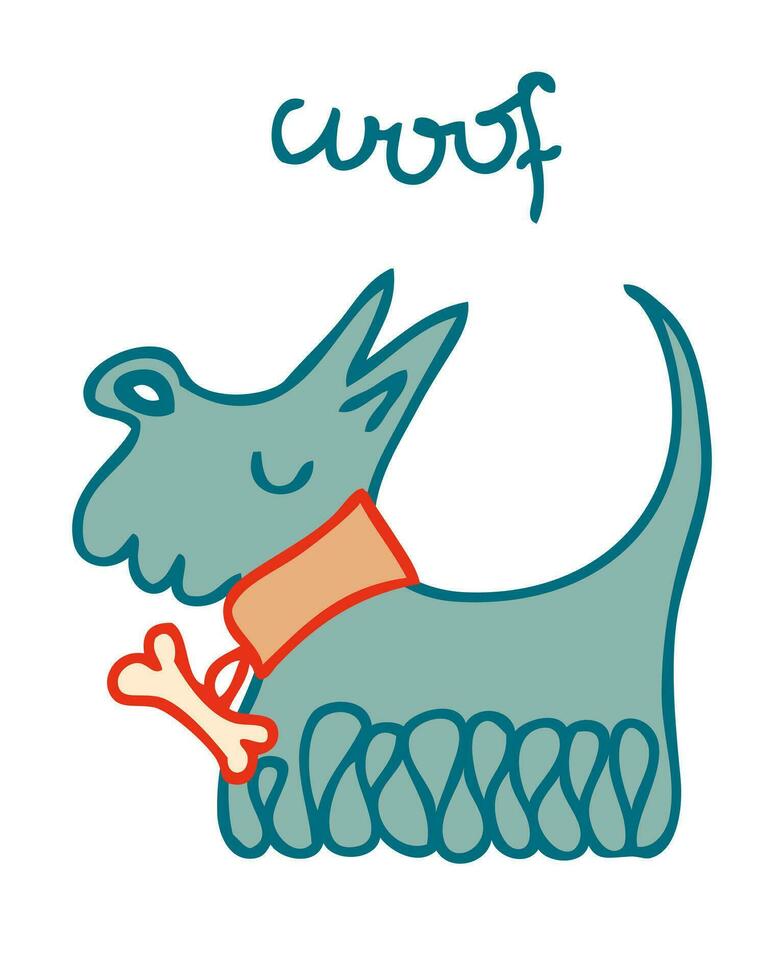 hand dragen söt lurvig hund i krage och text väft. djur- tecknad serie vektor karaktär. perfekt skriva ut för tee, affisch, kort, klistermärke.