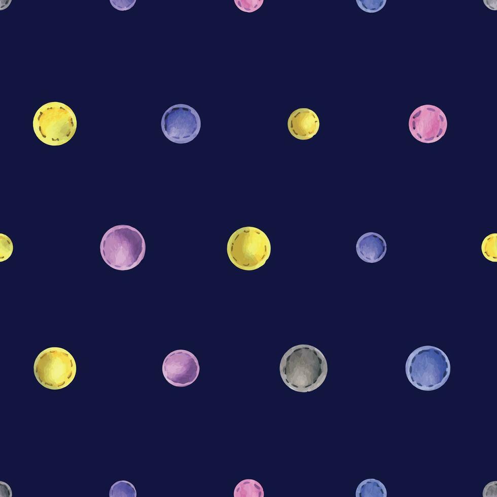 pärlor sydd från känt tyg, annorlunda färger av gul, blå, grå, rosa med tråd stygn. vattenfärg illustration, hand ritade. sömlös mönster på en blå bakgrund vektor