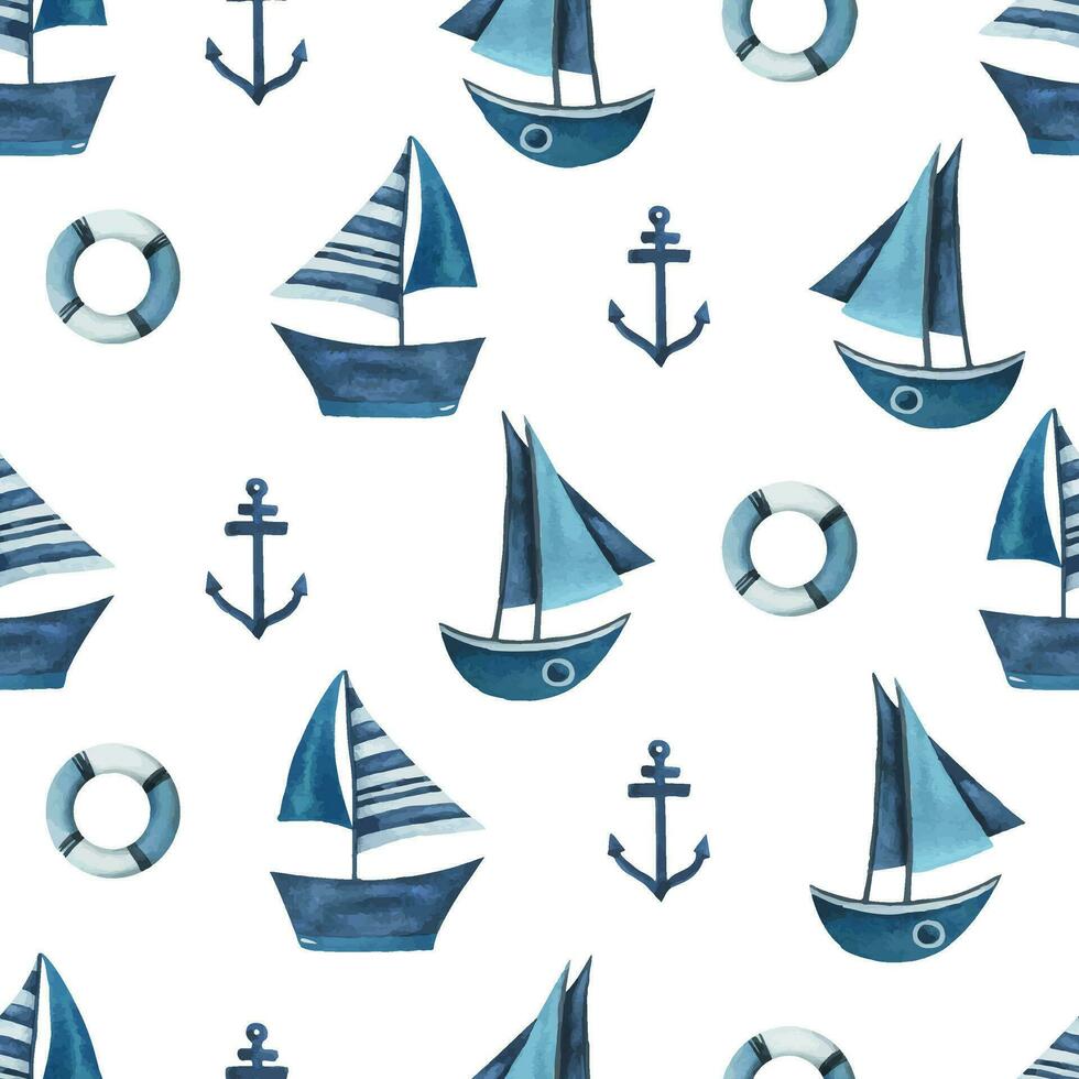 hav segelbåtar randig, ankare och livbojar. vattenfärg illustration hand dragen i ett abstrakt barnslig stil. sömlös mönster på en vit bakgrund. vektor