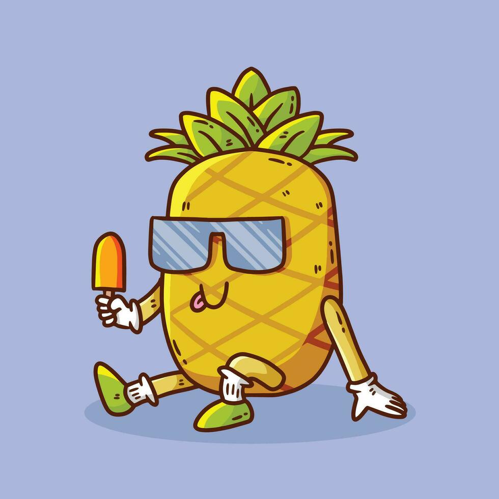 süß glücklich Ananas Obst entspannen Pose Maskottchen Charakter Vektor Karikatur Illustration. Ananas Vektor Karikatur Illustration.