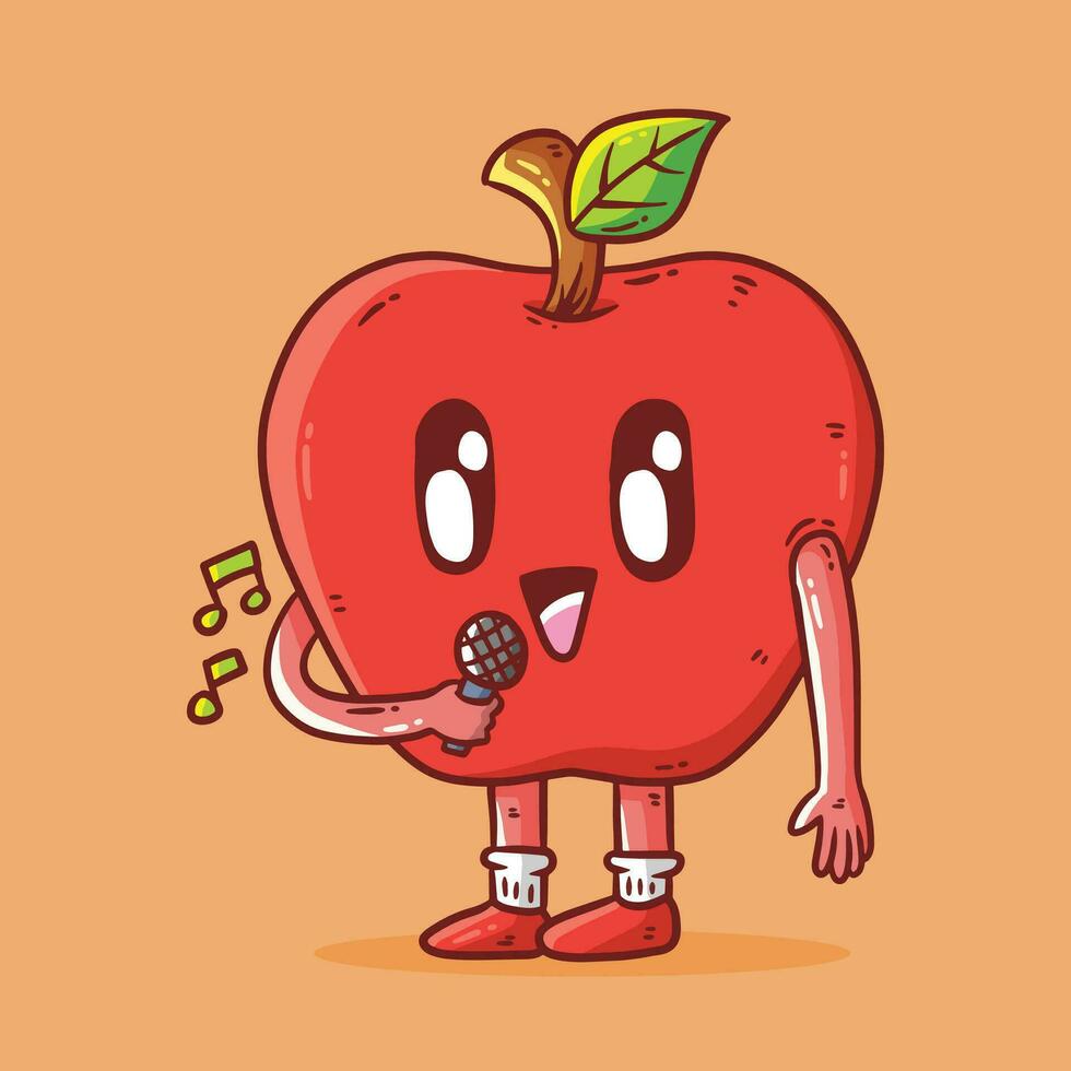 süß glücklich Apfel Obst Maskottchen Charakter Singen Vektor Karikatur Illustration. Apfel Vektor Karikatur Illustration