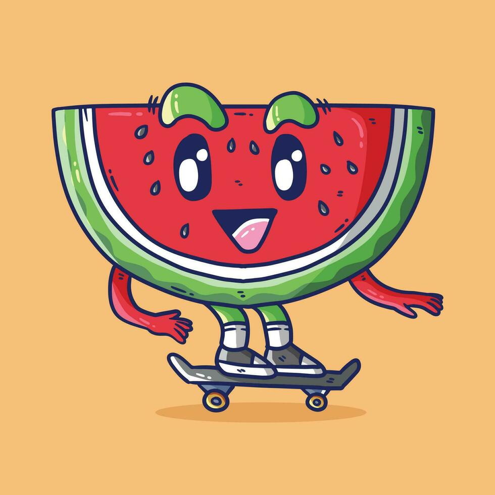 söt tecknad serie vektor illustration av vattenmelon skiva spelar skateboard. söt vattenmelon frukt maskot vektor